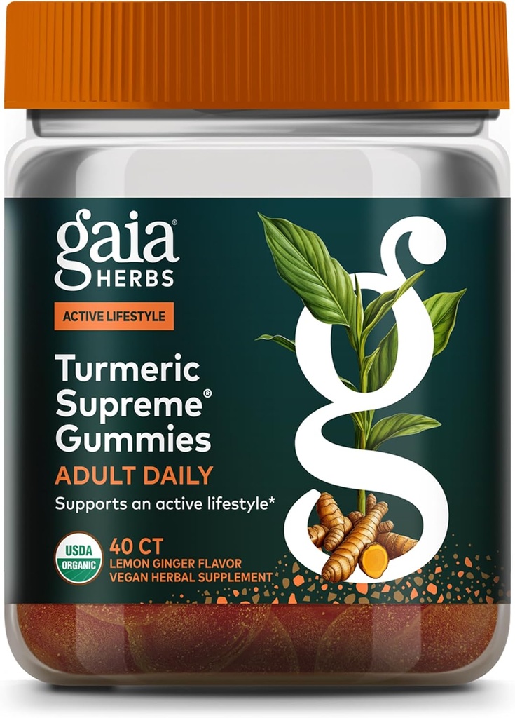 Gaia Herbs Turmeric Supreme Adult Daily Gummies-Daily Swelling Support for Healthy, Active Life-USDA Certified Organic Blend of Turmeric and Supportive Herbs-40 Gummies(20-Day Supply)