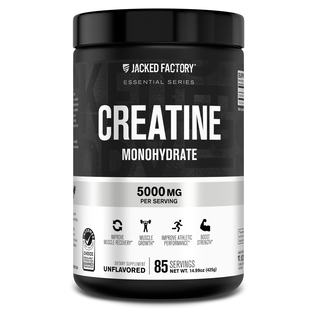 Jacked Factory Creatine Monohydrate Powder 425g - 5g Daily Creatine Supplement για άνδρες και γυναίκες, Vegan-Friendly, Third-Party Tested - 85 Υπηρεσίες, Άγευστες