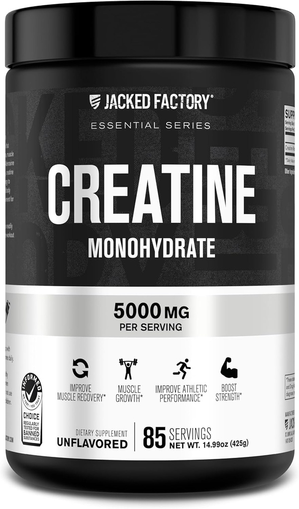 Jacked Factory Kretine Monohidrat Toz 425g - Erkekler ve Kadınlar için 5g Daily Kretine Supplement, Vegan-Friendly, Third-Party Tested - 85 Hizmet, Unflavored