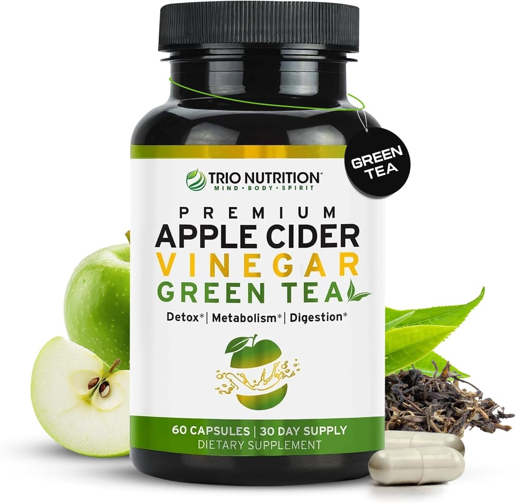 TRIO NUTRITION Apple Cider Vinegar Capsules with Green Tea - Natural Sugar Free Apple Cider Vinegar Pills with The Mother for Body Cleanse, Immune, Kilo Management & Metabolism (28)*