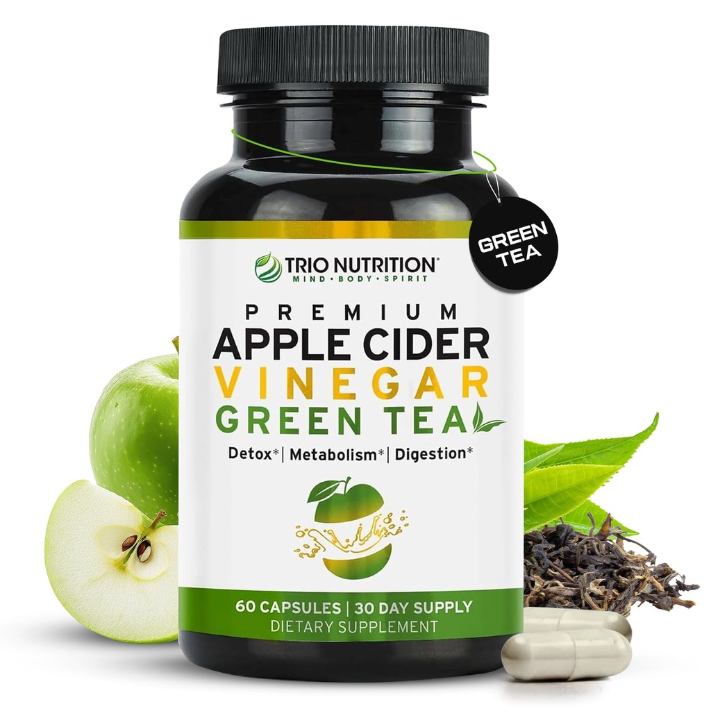 TRIO NUTRITION Apple Cider Vinegar Capsules with Green Tea - Natural Sugar Free Apple Cider Vinegar Pills with The Mother for Body Cleanse, Immune, Kilo Management & Metabolism (28)*