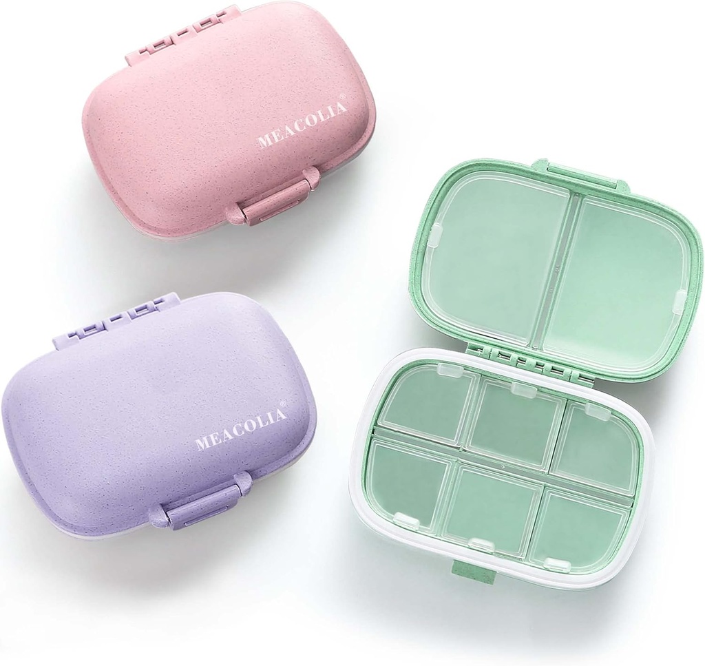 MEACOLIA 3 Pack 8 Karşılaştırma Seyahat Pill Organizer, Daily Pill Case Small Pill Box for Pocket Purse, Portable Pill Container Medicine Vitamin Organizer (Purple, Green, Pink)