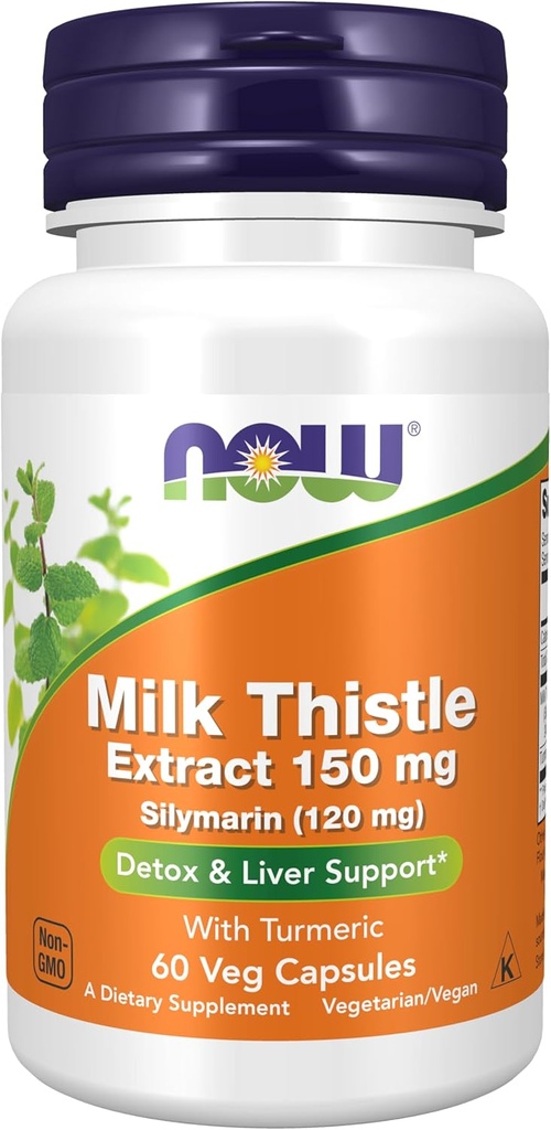 NOW Συμπληρώματα διατροφής, Silymarin Milk Thistle Extract 150 mg με Turmeric, υποστηρίζει τη λειτουργία του ήπατος *, 60 κάψουλες Veg