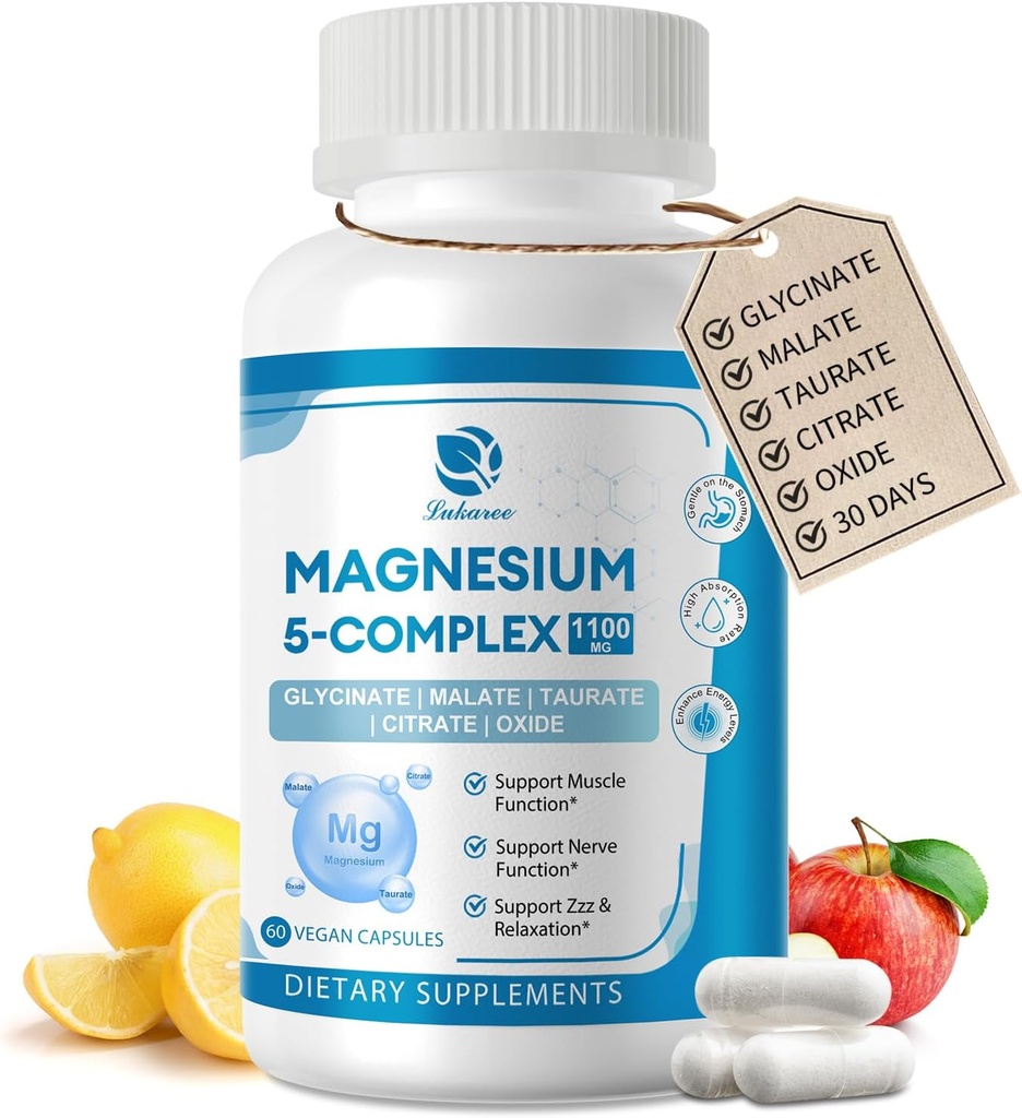 5-in-1 Magnezyum Kompleksi Vitamins & Herbal Extracts, 30 Days Supply with Magnezyum Glycinate Citrate Malate Taurate Oksit for Calm Bone Muscle Energy Cortisol Balance, Vegan