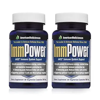 American Bio Sciences ImmPower | Geliştirilmiş Immune Support, Natural Killer Cell Activity & Cytokine Production | 30 Vegetarian Capsules, 500 mg of AHCC per Capsule (2 Pack)