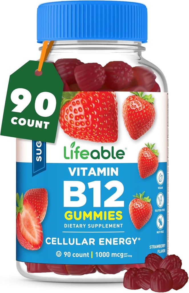 Lifeable Sugar Free Vitamin B12 Gummies | 1000 mcg | Great Tasting B12 Vitamins Gummies | Enerji, Mood, and Metabolism Support | B 12 Vitamin Gummies for Men, Women, Yetişkinler | 90 Gummies