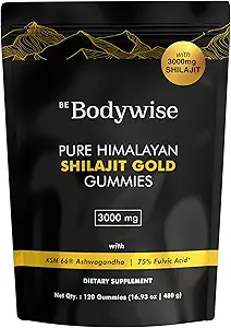Bodywise Pure Himalaya Shilajit Gummies Gold I No add Sugar I Ashwagandha, Gokshura| Fulvic Acid & 85+ Trace Minerals I for Men, Women I Non-GMO I 100% Natural & Organic I 120 Gummy I Pouch
