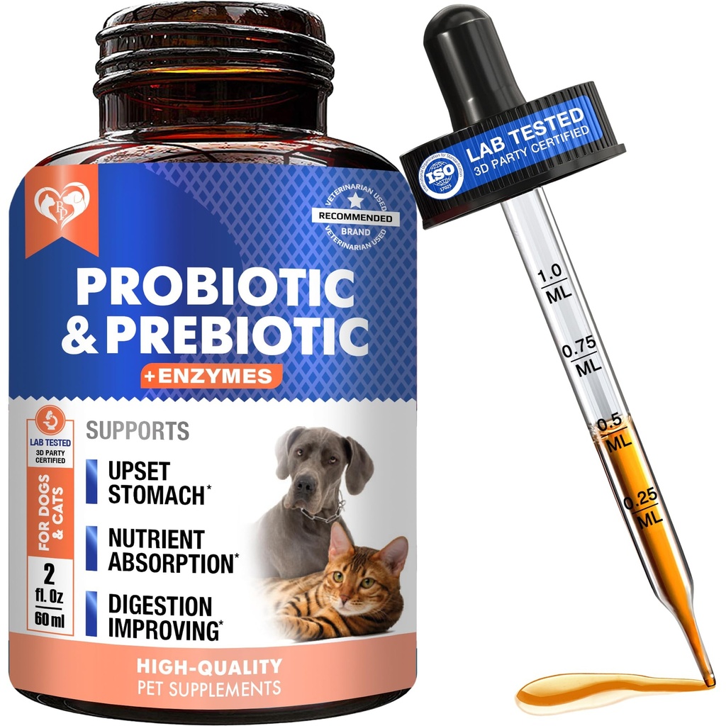 Probiyotiks & Prebiyotiks with Enzymes for Dogs and Cats - Digestive Gut Flora Health Pet Food Supplements - Constipation & Diarrhea and Gas Home Remedy - Upset Stomach Relief - Made in USA