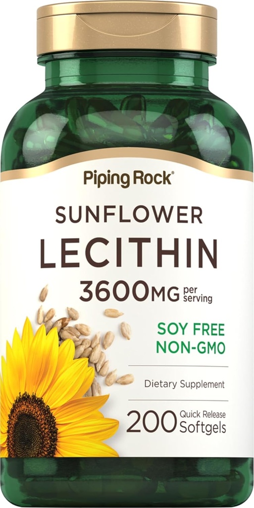 Piping Rock Sunflower Lecithin Softgel Capsules | 3600 mg | 200 Kont | Phosphatidylcholine | Soy Free, Non-GMO, Gluten Free