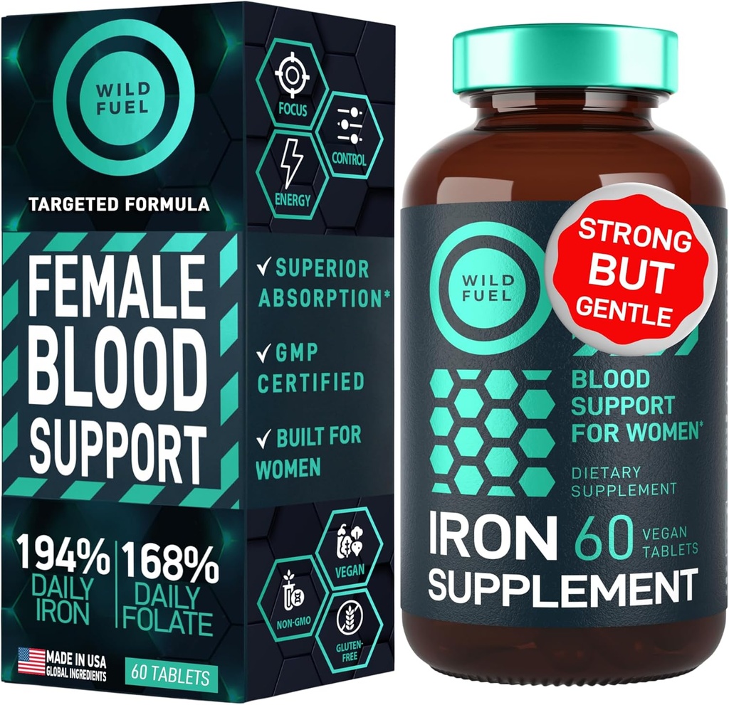 Folic Acid ile Kadınlar için Demir Supplement - 35 mg Blood Builder Ferrous Sulfate, Folic Acid 400 mcg - Anemi & Hamilelik Desteği ile Kadınlar için Demir Pilleri - 60 Gluten-Free, Vegan Demir Vitamin Tabletleri
