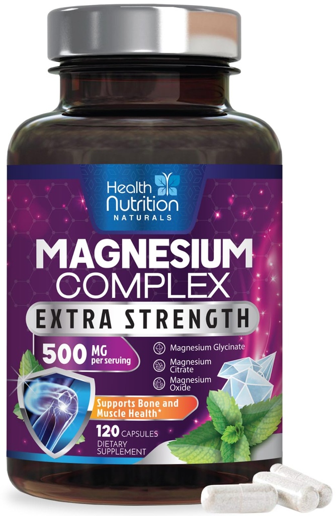 Magnezyum Complex Capsules 500 mg with Hoffman, Glycinate, Malate, Citrate - Yüksek Absorps Kompleksi - Kas, Bone and Heart Health Support - 120 Capsules