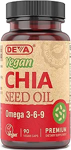DeVA Vegan Βιταμίνες Τσία Έλαιο Σπέρματος, Συσκευασμένο με Ωμέγα 3, 6, 9 & Άλλα Απαραίτητα Λιπαρά Οξέα, Ψυχρό-Pressed & Unrefined, 90 Κάψουλες