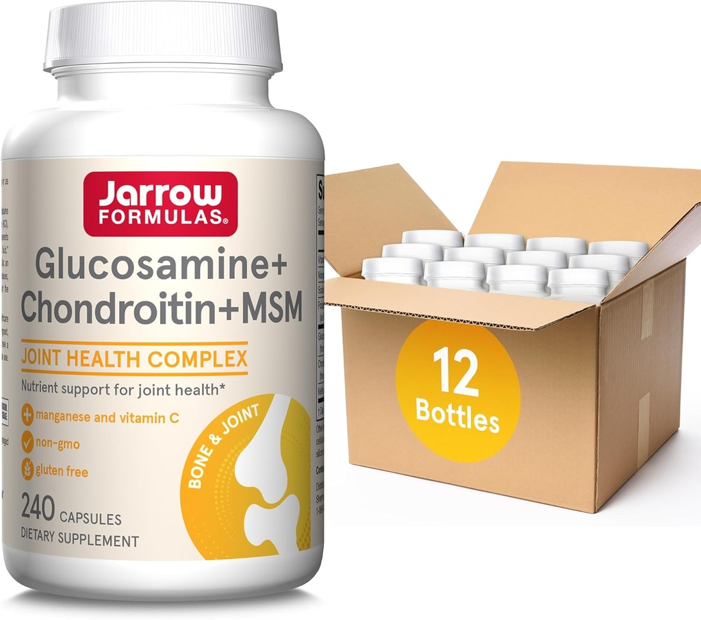 Jarrow Formulas Γλυκοζαμίνη + Χονδροϊτίνη + κάψουλες MSM, Κοινό συμπλήρωμα υποστήριξης με βιταμίνη C και Μαγγάνιο, 240 κάψουλες, 60 ημέρες προσφοράς, Συσκευασία των 12