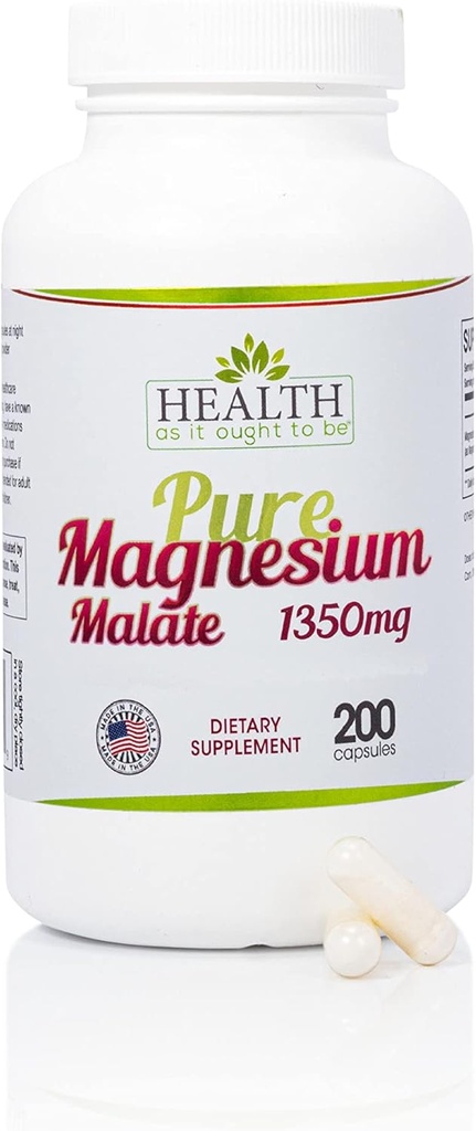 Health As It Ought To Be Pure Magnesium Malate 1350 mg Supplement | Physician Formulated & Highly Absorbable | 200 Capsules