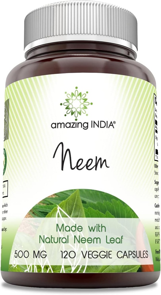 Amazing India Neem (Made with Natural Neem Leaf) Tamam | 500 Mg | 120 Veggie Capsules | Non-GMO | Gluten-Free | Made in USA