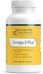 Ερευνημένα Διατροφικά Omega-3 Plus ιχθυέλαιο - EPA DHA Omega 3 συμπλήρωμα για την υποστήριξη Καρδιαγγειακής & Εγκεφαλικής Υγείας - Μοριακά Αποσταγμένο για Καθαρότητα & Ασφάλεια (60 Softgels)