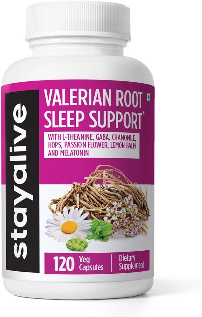 STAY ALIVE Valerian Root Capsules, 8-in-1 Extract w/Melatonin, Passion Flower, L-Theanine, Lemon Balm, Hops Flower, Chamomile & GABA, 120 Valerian Pills, Non-GMO & Gluten-Free Natural Sleep Supplement Supplement