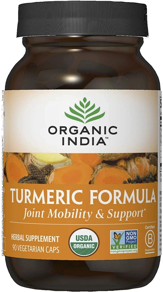 Organic India Turmeric Curcumin Herbal Supplement - Κοινή Κινητικότητα & Υποστήριξη, Υποστήριξη ανοσοποιητικού συστήματος, Υγιεινή Φλεγμονώδης Ανταπόκριση, Συμπληρώματα ολικής ρίζας, Οργανικό Trikatu - 90 Κάψουλες