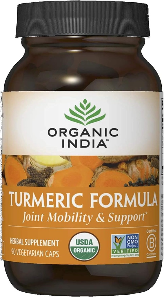 Organic India Turmeric Curcumin Herbal Supplement - Κοινή Κινητικότητα & Υποστήριξη, Υποστήριξη ανοσοποιητικού συστήματος, Υγιεινή Φλεγμονώδης Ανταπόκριση, Συμπληρώματα ολικής ρίζας, Οργανικό Trikatu - 90 Κάψουλες