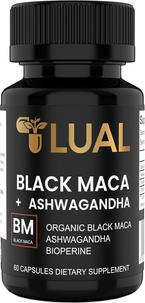 LUAL 30.000mg 30x Δύναμη Organic Black Maca Root με Ashwagandha - Υψηλότερη ισχύς Black Maca Root Κάψουλες για τους άνδρες - 100% Pure Maca Peruana Σκόνη Βιολογική, Ζελατινοποιημένη, Μη ΓΤΟ - 60 χάπια