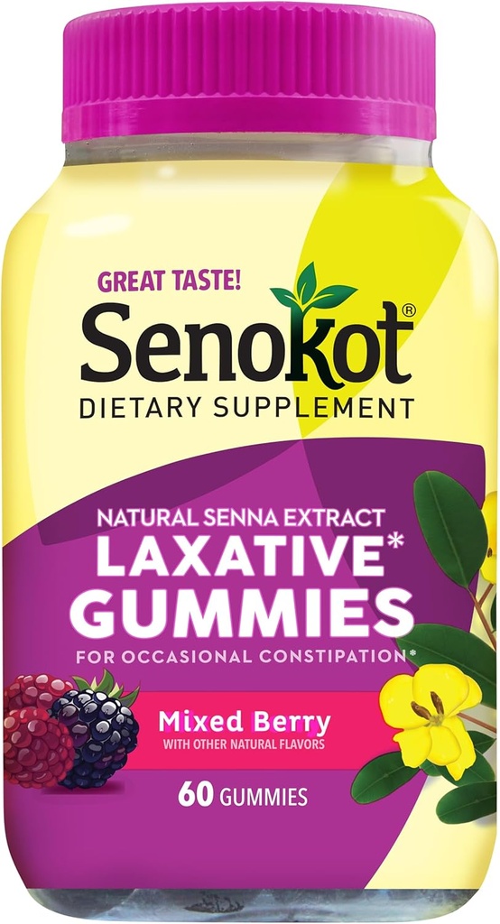Senokot Diyetary Supplement Laxative Gummies, Natural Senna Extract, Gentle, Overnight Relief from Occasional Constipation, Karma Berry Flavor, 60 Count.