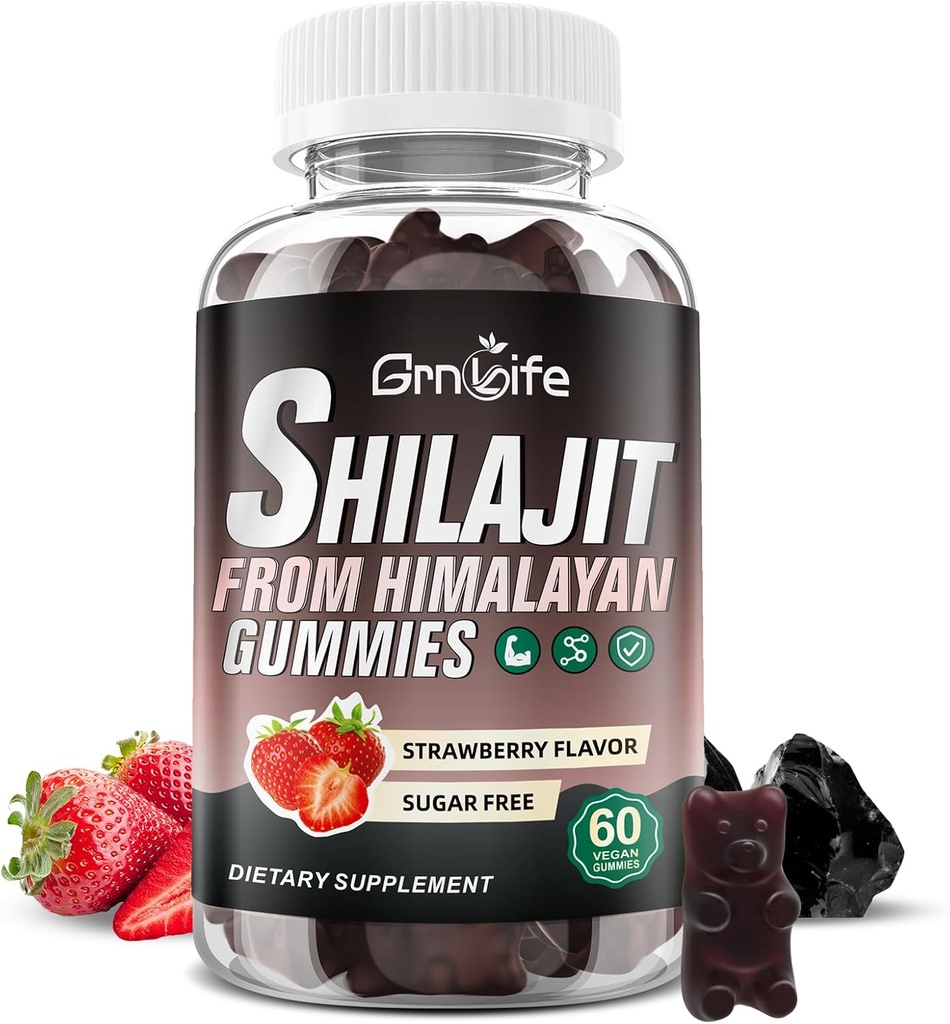 Erkekler ve kadınlar için Shilajit Gummies, 1000MG Shilajit Supplement with 85+ Trace Minerals & Fulvic Acid for Energy, Immunity, Sugar-Free, Strawberry Count-60
