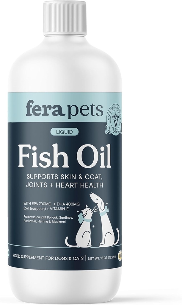 Fera Pets Fish Oil - Omega 3 for Dogs & Cats to Support Joints, Heart, Skin and Coat Health - Non GMO with Vitamin E - 16 ozz