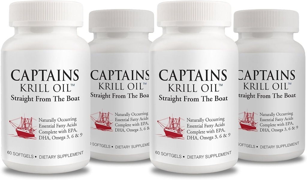 Captains Pure Antarctic Krill Oil Softgels | Omega 3 EPA, DHA with Astaxanthin & Phospholipids| No Additives or Chemicals | 1000mg per Serving, 60 Capsules, 4-Pack