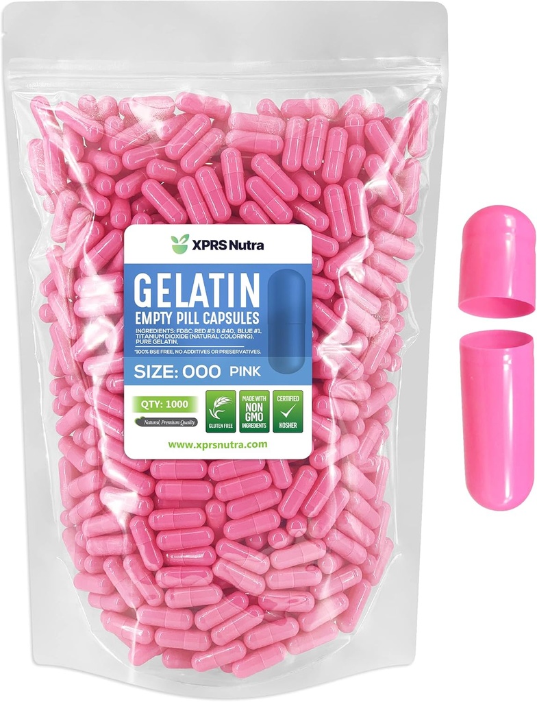 XPRS Nutra Boyutu 000 Boş Kapsüller - 1000 Büyük Boş Gelatin Capsules - DIY Supplement Capsule Filling için Pills - Sağlam Renk Gel Caps Pills (Pink)