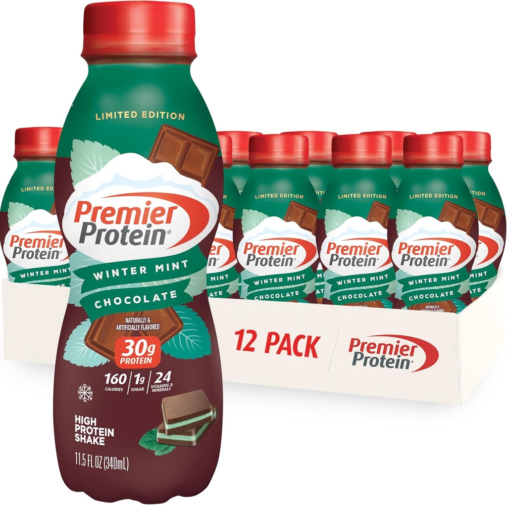 Premier protein Shake, Limited Edition Winter Mint Chocolate, 30g protein, 1g Sugar, 24 Vitamins & Minerals, Nutrients to Support Immune Health, 11.5 oz, 12 Pack