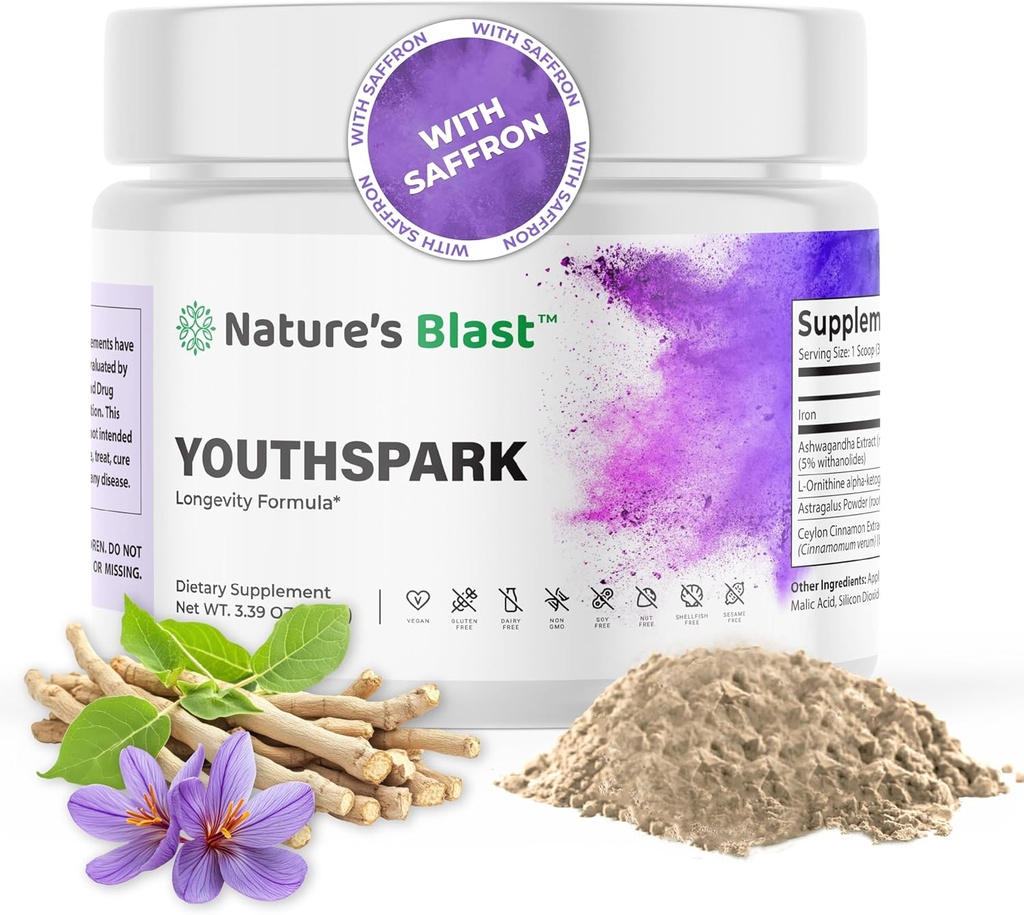 YouthSpark Longevity Supplement with Ashwagandha Root Extract (600mg), Astragalus & Cinnamon - Σκόνη Γεύσης Φρούτων, 30 Μερίδες, Vegan, Μη ΓΤΟ