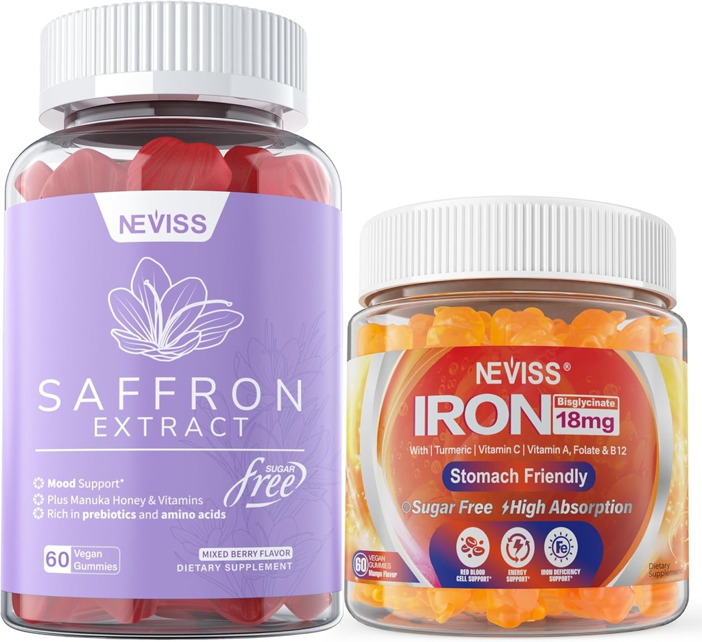 1Pack Saffron Supplement Gummies% 100 Pure Saffron Extract Whole Herb Gummies + 2P Vegan Demir Gummies Ek C, B12, Folate & Turmeric