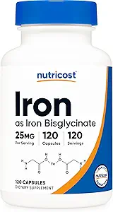Nutricost Iron Bisglycinate Supplement (25mg) 120 Capsules - Ferrous Bisglycinate Chelate - Non-GMO & Gluten-Free Free
