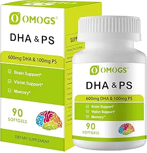 OMOGS Algae DHA - 600 mg Omega-3 DHA Softgels, Phosphatidylserine & Walnut Oil ile, Sağlıklı Beyin Fonksiyonlarını Destekler, Vizyon, Eye & Memory, Gluten Free, Non-GMO Vegan Algae Oil, 90 Softgels