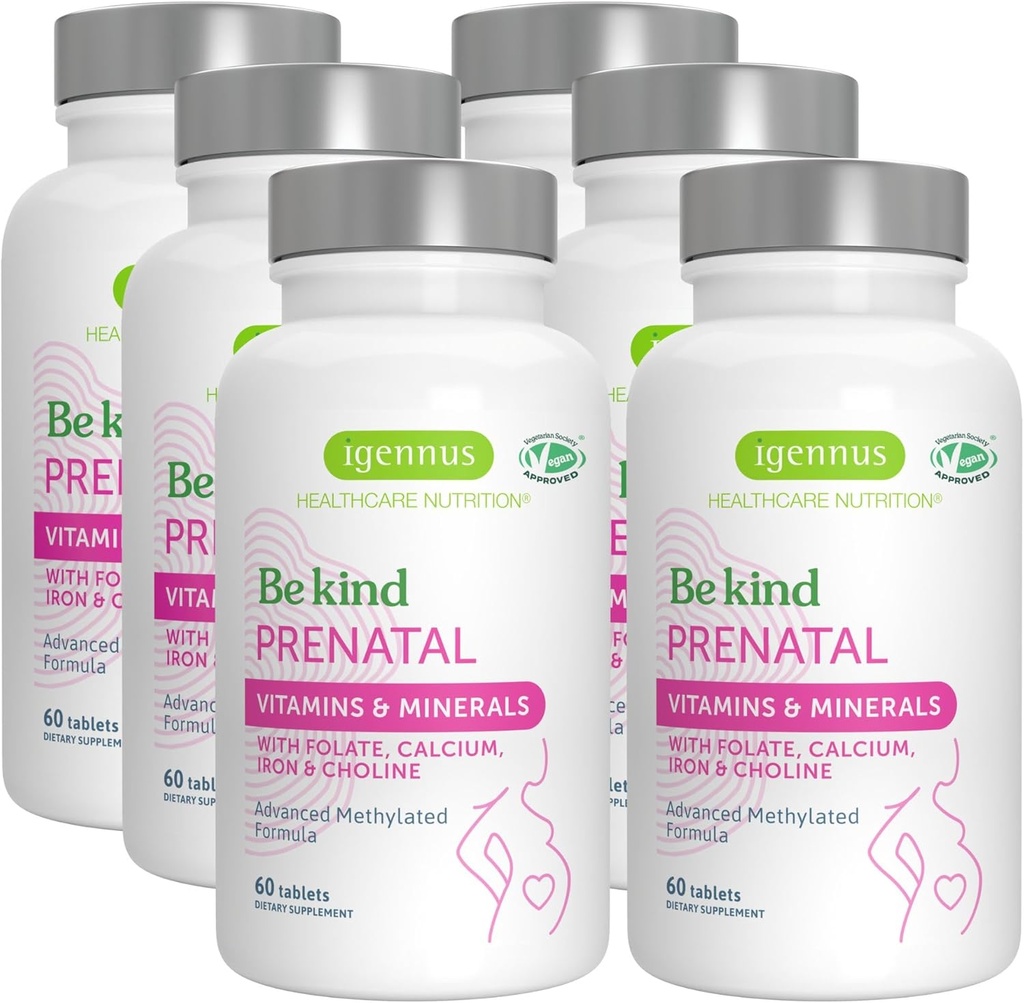 Igennus Methylated Prenatal Multivitamin for Women, Folate for MTHFR, High Absorption, Pure & Clean, Gentle Iron, Choline, Calcium & Magnesium, Vegan Pregnancy Vitamins, Halal, Non-GMO, 60 Tablets x 6