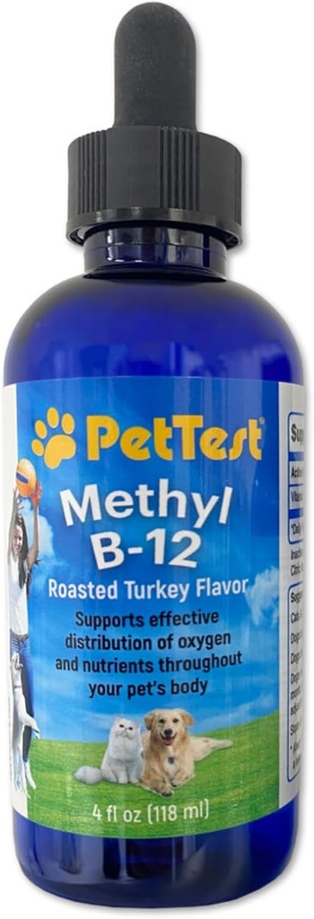 PetTest Methyl B12 Βιταμίνη Υγρές σταγόνες 4fl oz (5000 MCG) συμπλήρωμα με μεθυλοκοβαλαμίνη για Διαβητικά Κατοικίδια, μέγιστη απορρόφηση για την αύξηση της ενέργειας για σκύλους και γάτες