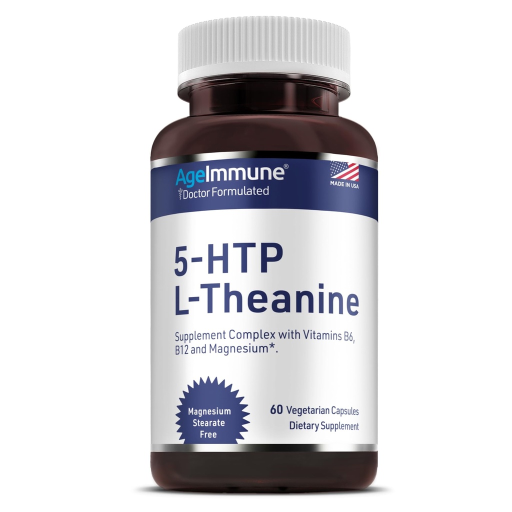 5-HTP Formula for Stress Relief and relax support for Teens and Adults with 5-HTP, L-Θεανίνη, Βιταμίνη Β6, Βιταμίνη Β12, Μαγνήσιο - Γιατρός Formulated - Μαγνήσιο Στεγανώστε Δωρεάν - 60 κάψουλες.