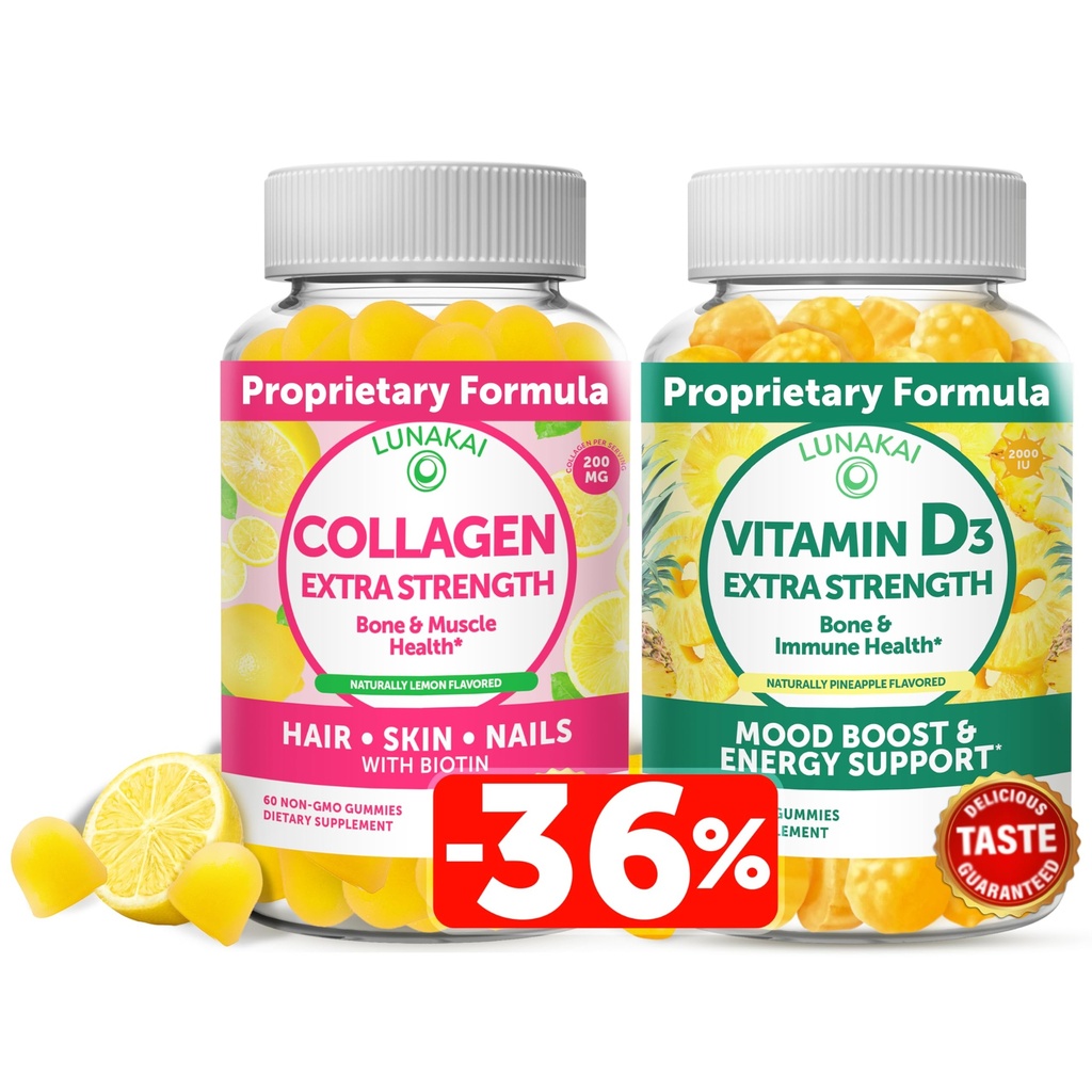 Lunakai Collagen και βιταμίνη D3 Gummies Bundle - Μη ΓΤΟ Συμπληρώματα Αντιγήρανσης για άνδρες & γυναίκες - Ανοσία, οστά και Mood Υποστήριξη Gummy για ενήλικες - 30 ημέρες προσφοράς