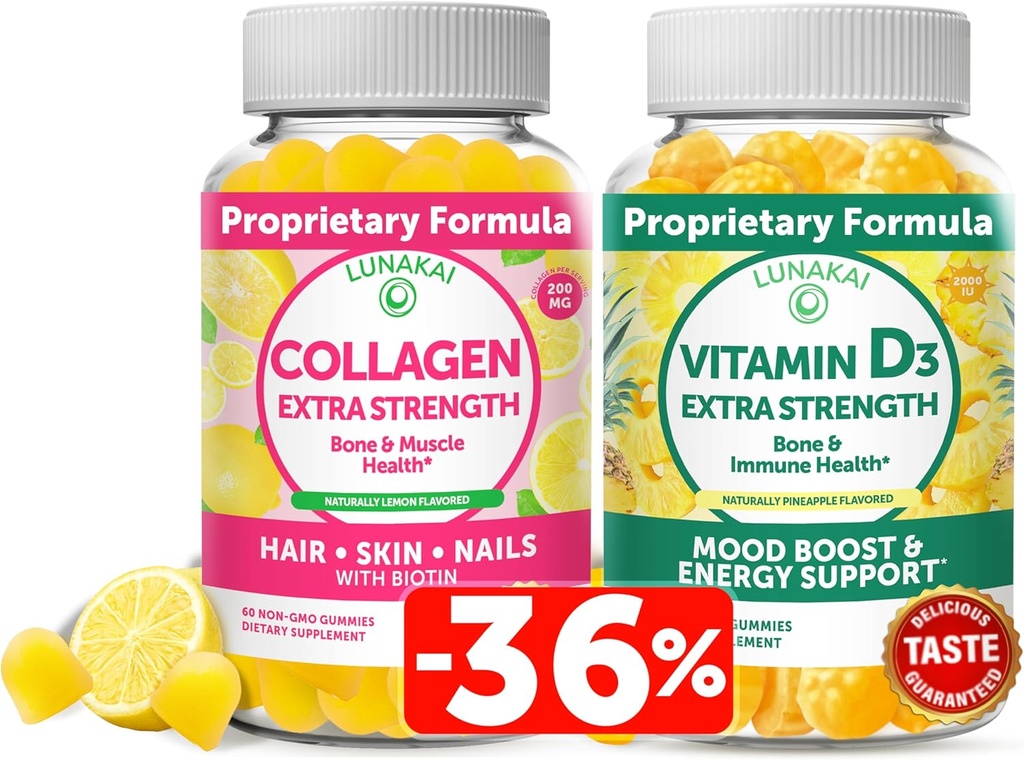 Lunakai Collagen ve Vitamin D3 Gummies Sche - Erkekler ve Kadınlar için Hiçbir Zaman Anti Aging Supplements - Immunity, Bone and Mood Support Gummy for Yetişkinler - 30 Days Supply