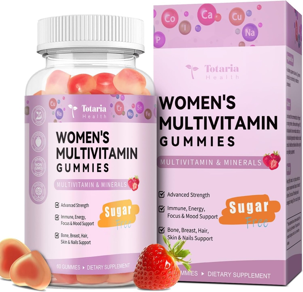 Totaria Sugar Free Multivitamin Gummies for Women 14+ w/Iron, Inositol, Folate, Biotin, Womens Daily Multivitamin Gummy w/Vitamin A, C, B, D3, K2, Saç için, Skin, Enerji, Immune, Strawberry Flavor