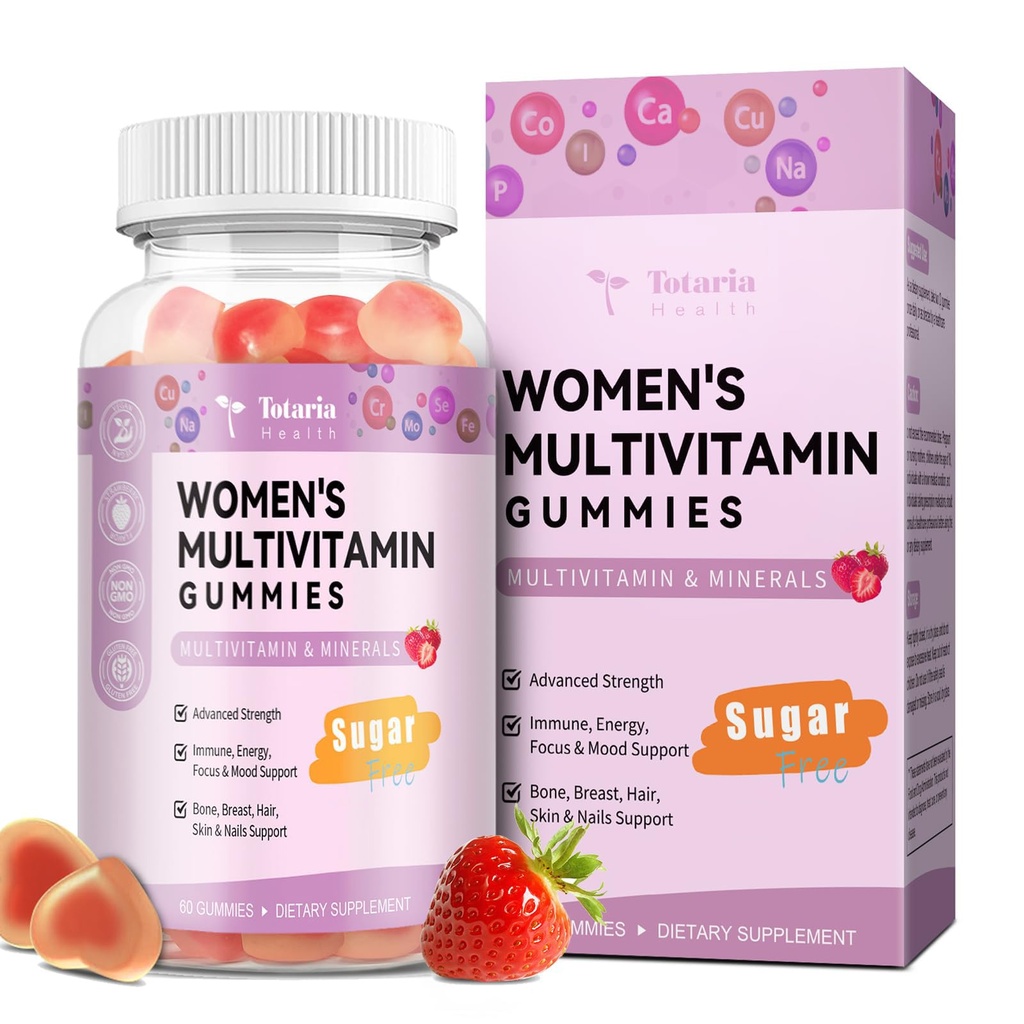 Totaria Sugar Free Multivitamin Gummies for Women 14+ w/Iron, Inositol, Folate, Biotin, Womens Daily Multivitamin Gummy w/Vitamin A, C, B, D3, K2, Saç için, Skin, Enerji, Immune, Strawberry Flavor