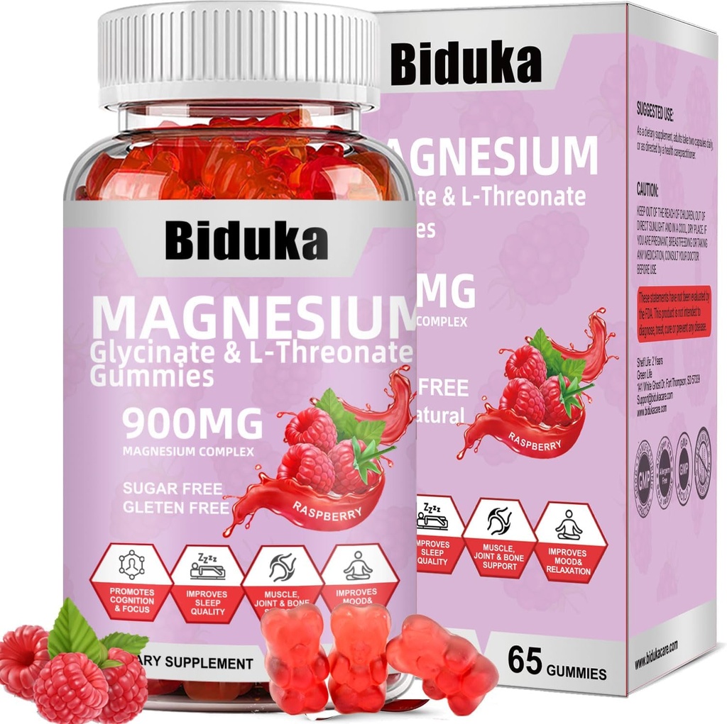 900 mg Kompleks 65 Raspberry Gummies, Sugar Free Magnezyum Glycinate & L-Threonate P Supplement with Vitamin D, B6, CoQ10 for Relaxation