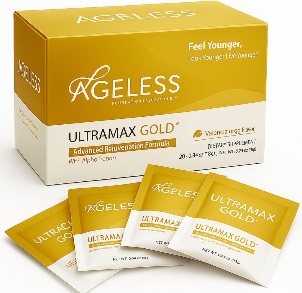 Ageless UltraMAX Gold - HGH συμπλήρωμα κατά της γήρανσης για γυναίκες & άνδρες - Rejuvenates δέρμα, Αποκαθιστά τη νεανική εμφάνιση, ενισχύει την ενέργεια & τον ύπνο, Αναβράζοντα σκόνη - Valencia Orange Flavor - 22 πακέτα