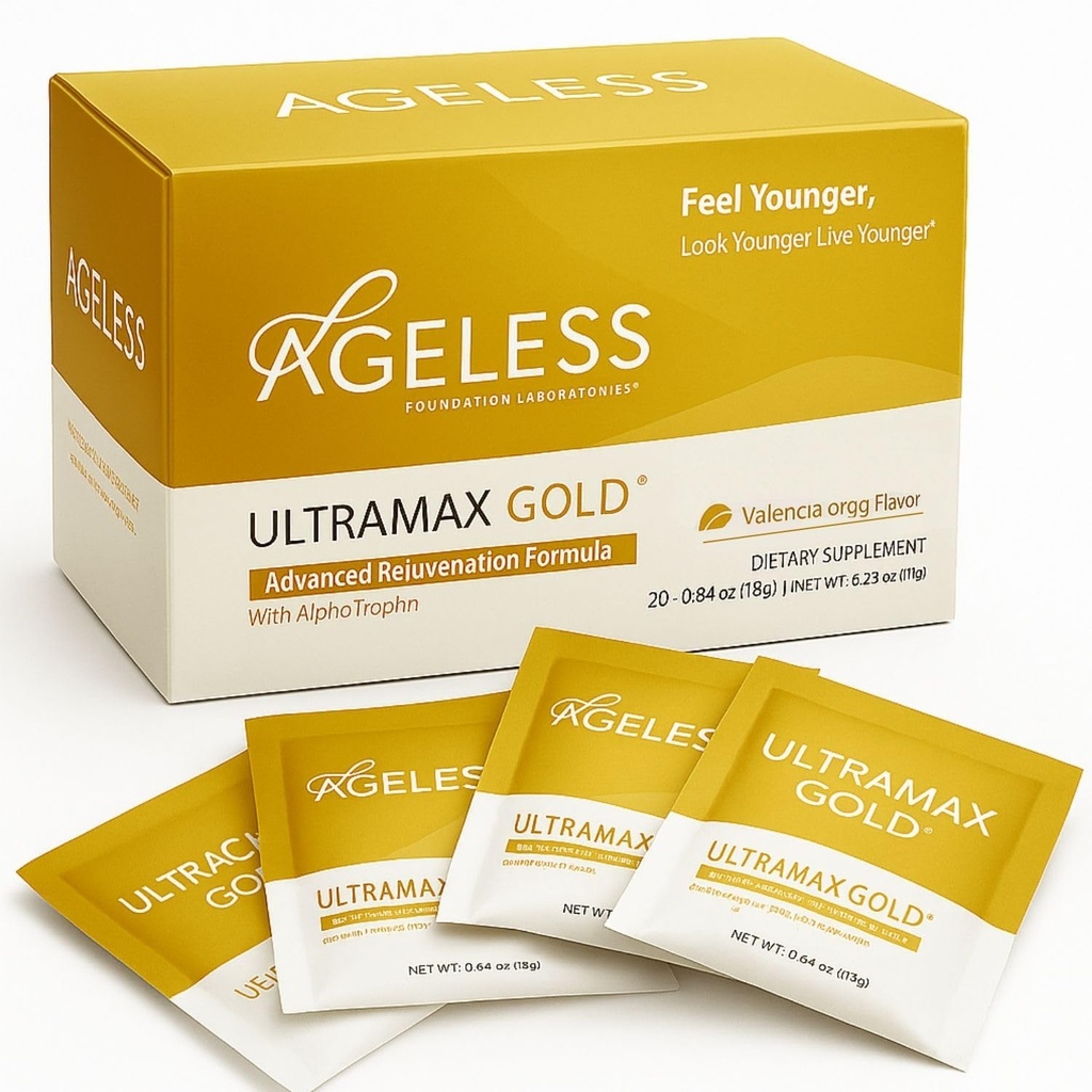 Yaşsız UltraMAX Altın - Kadınlar ve Erkekler için Anti-Aging Supplement - Rejuvenates Skin, Saves Youthful Görünüm, Boosts Energy & Sleep, Effervescent Toz - Valencia Orange Flavor - 22 Packets