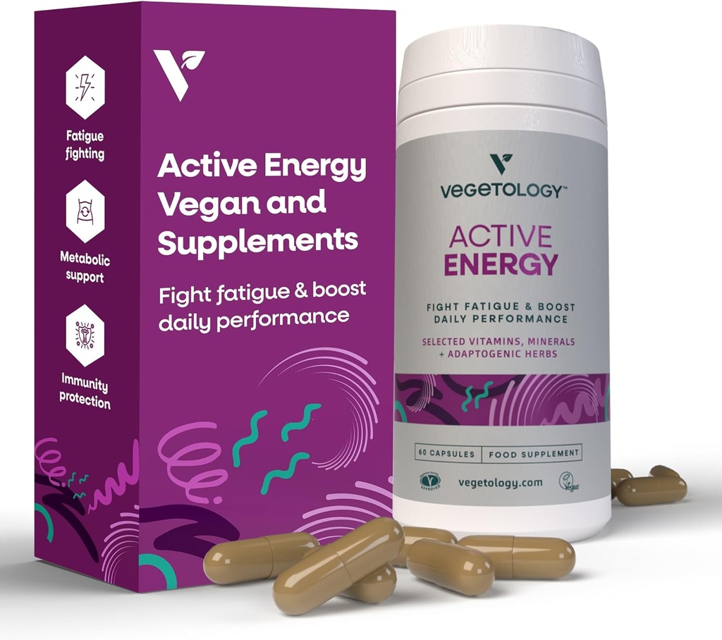 Active Energy Supplements – Fatigue-Fighting C & B Vitamin Supplements – Vitamin Supplement w/Folate, Iron & Adaptogenic Herbs – Caffeine-Free Multivitamin Capsules (60 Counts)