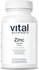 Vital Nutrients çinko Citrate 30mg | Kolay Absorbed Immune Support Supplement* | Vegan çinko Supplement | Gluten, Süt, Soy Free | Non-GMO | 30mg | 180 Capsules