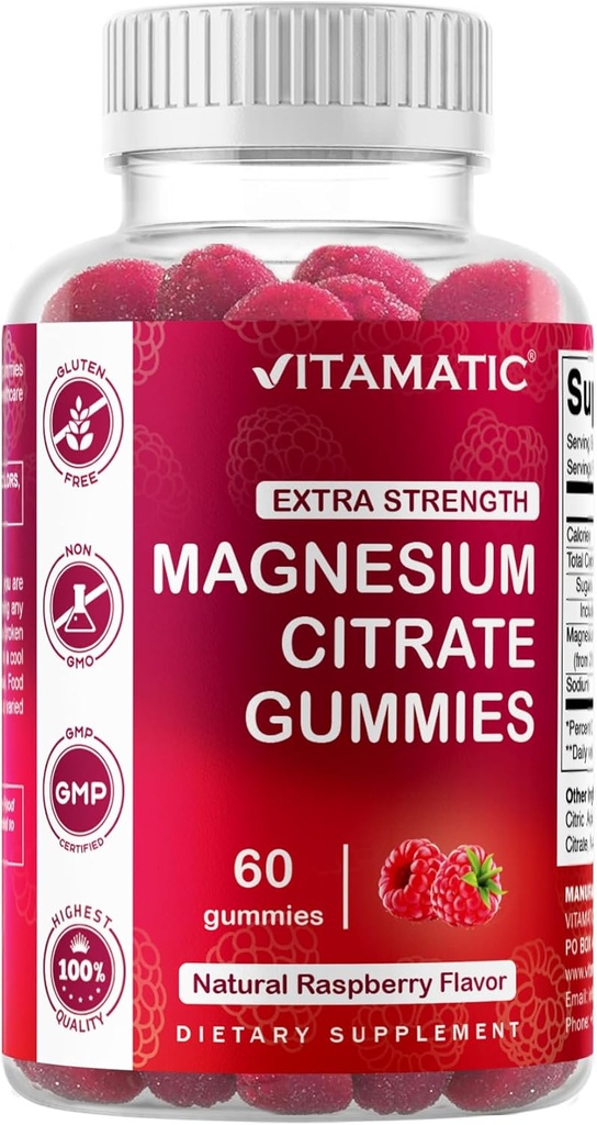 Vitamatic Extra Strength Magnesium Gummies – 255 mg (Elemental Magnesium) per Serving – 60 Vegan Gummies Υποστηρίζει χαλάρωση, μυϊκή & νευρική λειτουργία, υγεία των οστών & παραγωγή ενέργειας