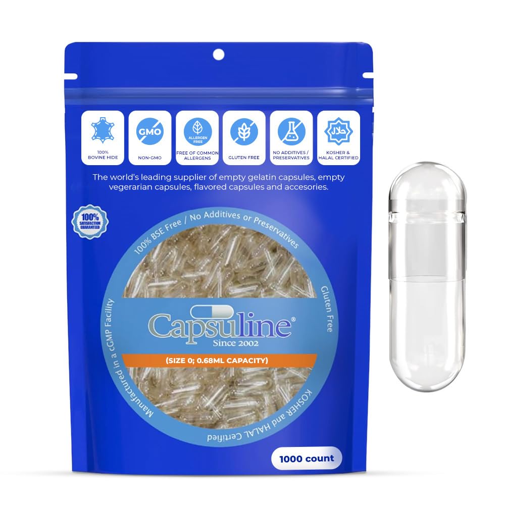 Capsuline Uzunluk 0 Boş Gelatin Capsules, Clear - 1000 Count | Gluten Free, Kosher, Non-GMO sertifikalı | Pure Bovine Pill Caps for DIY Tamam Filling