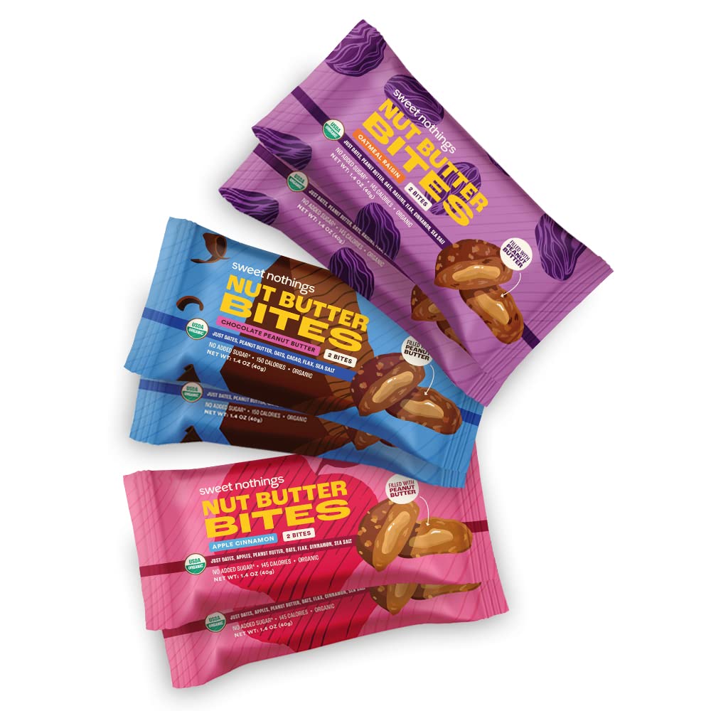 Sweet Nothings, Diversity Pack: Chocolate, Apple Cinnamon ve Oatmeal Raisin, USDA Organik Nut Butter Bites Protein 6-2 Bite Value Packs (2 of each taste) - No Ek Olmayan Şeker