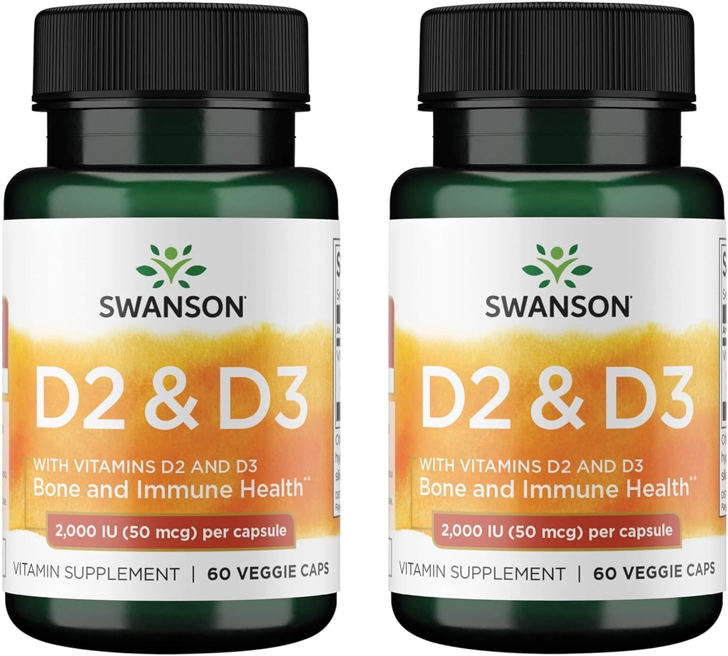 Swanson Vitamin D Kompleksi D2 & D3 - Bone, Dental & Immune Health - Vitamin Supplement (50 mcg, 60 Veggie Capsules) (2 Pack)